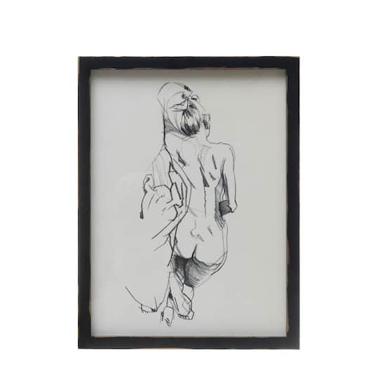 Black &#x26; White Nude Sketch with Wood Frame